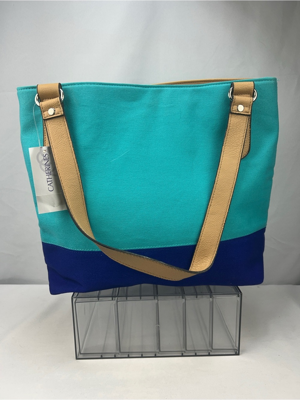 Catherines Teal and Royal Blue Colorblock Tote with Tan Straps